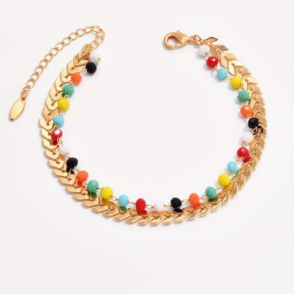 Double Layers Chain Anklet With Colorful Beads| Gold Plated Ankle Bracelet Set - Picture 4 of 5